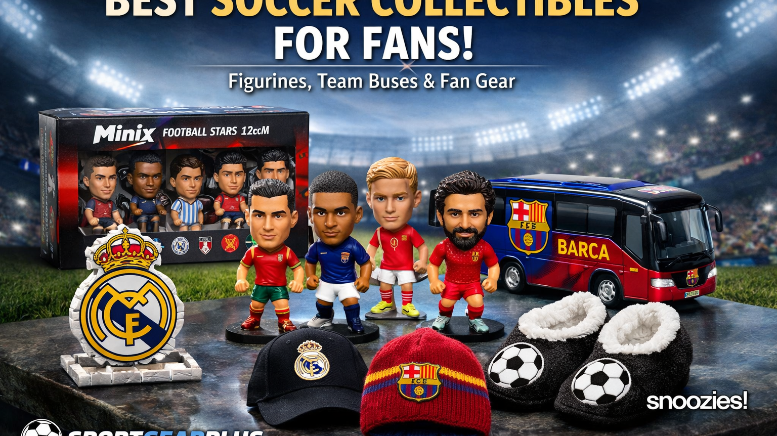 Soccer collectibles including Minix football figurines team buses fan headwear and football fan merchandise