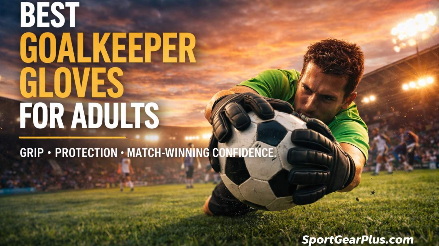 adult soccer goalkeeper making a diving save wearing black goalkeeper gloves during sunset training session on soccer field