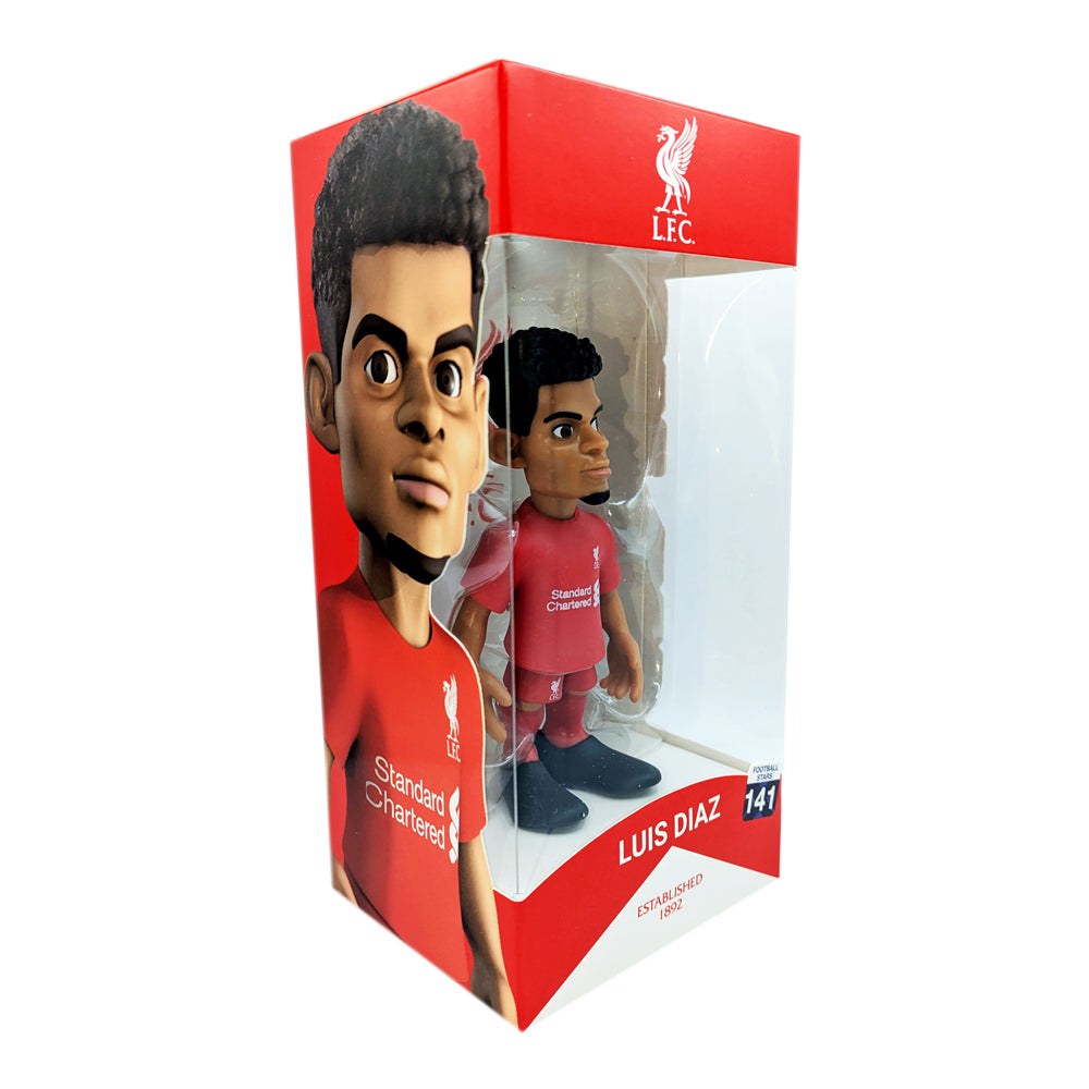 Official 12cm Minix Liverpool FC football figurines featuring iconic players Mohamed Salah and Virgil van Dijk in authentic club kits