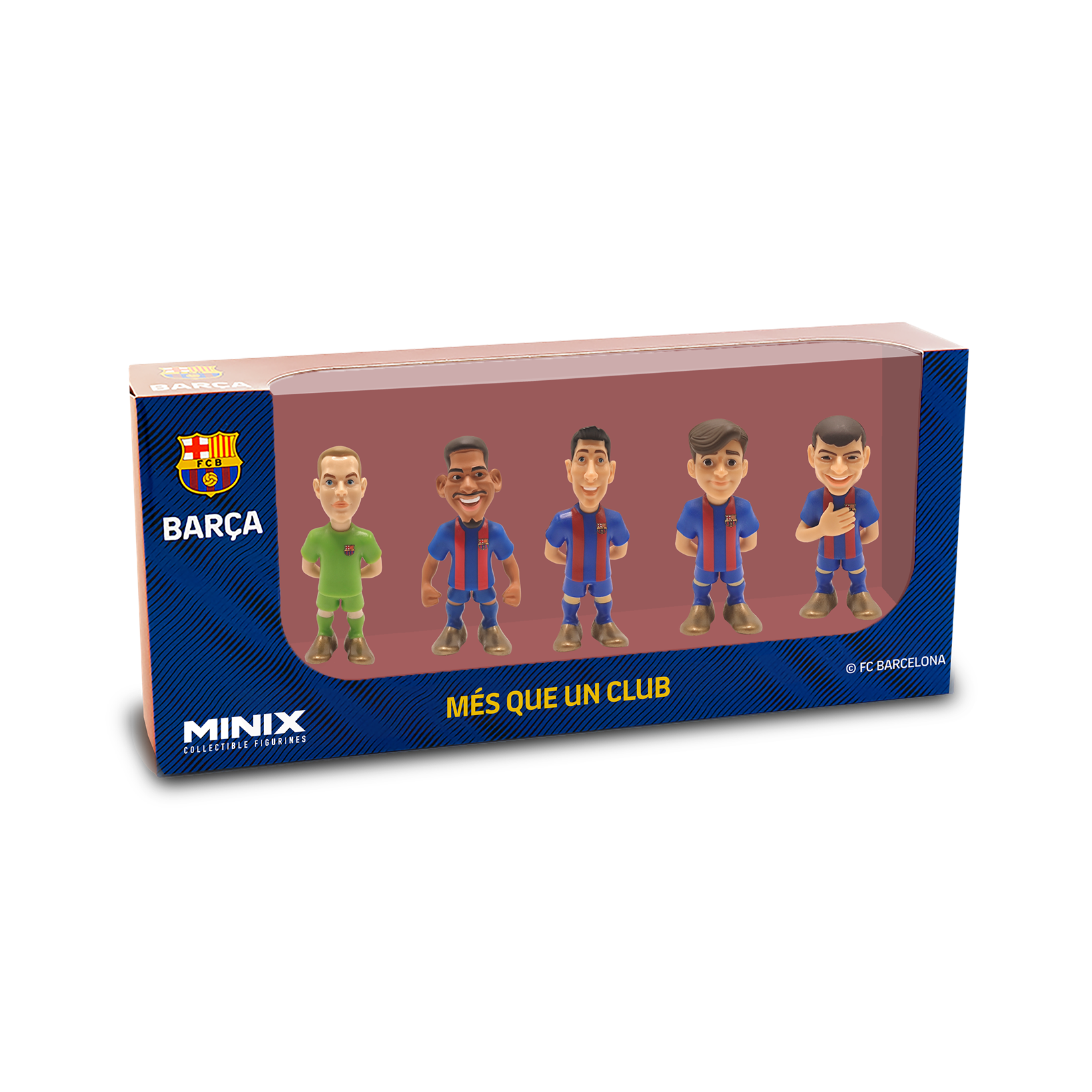 Minix Barcelona 5-pack 7cm collectible figurines featuring detailed player designs in team uniforms in display box