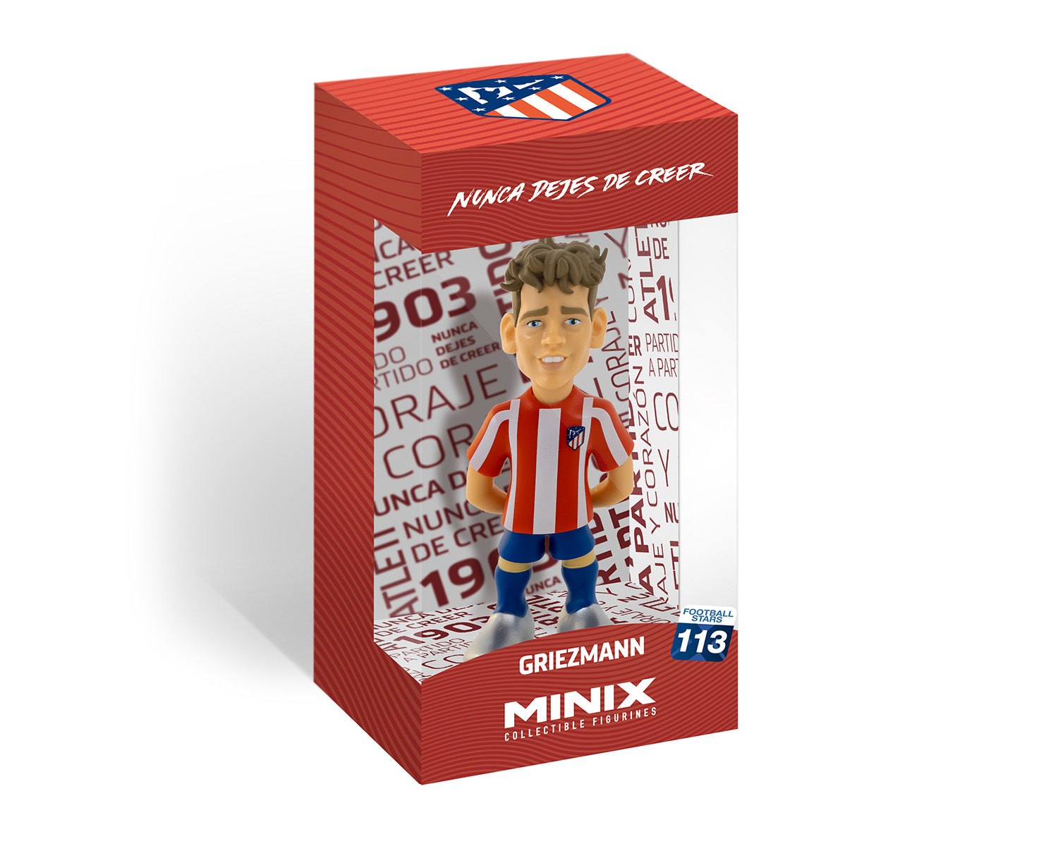 Minix Antoine Griezmann collectible figurine in Atlético Madrid home kit, 12cm tall, with branded packaging.