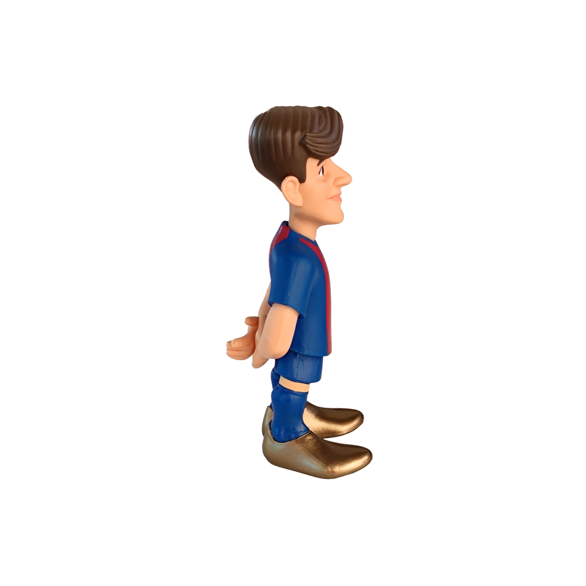Minix Gavi FC Barcelona figurine with brown swept hair, blue and red kit, blue socks and bronze-colored boots.
