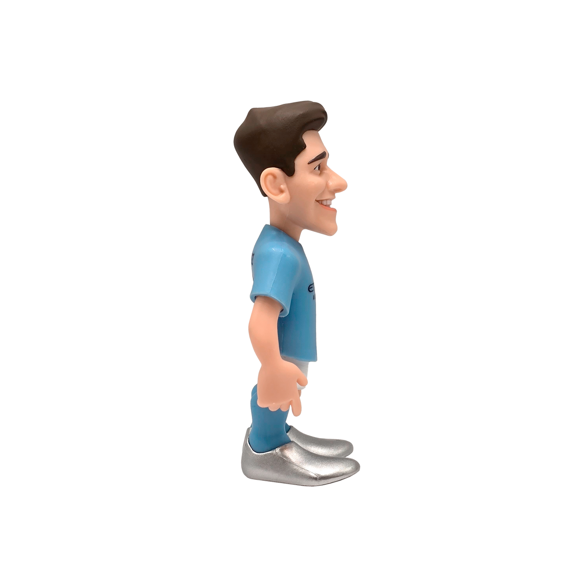 Minix Julián Álvarez Manchester City figurine in a sky-blue kit, with dark hair and oversized silver shoes.