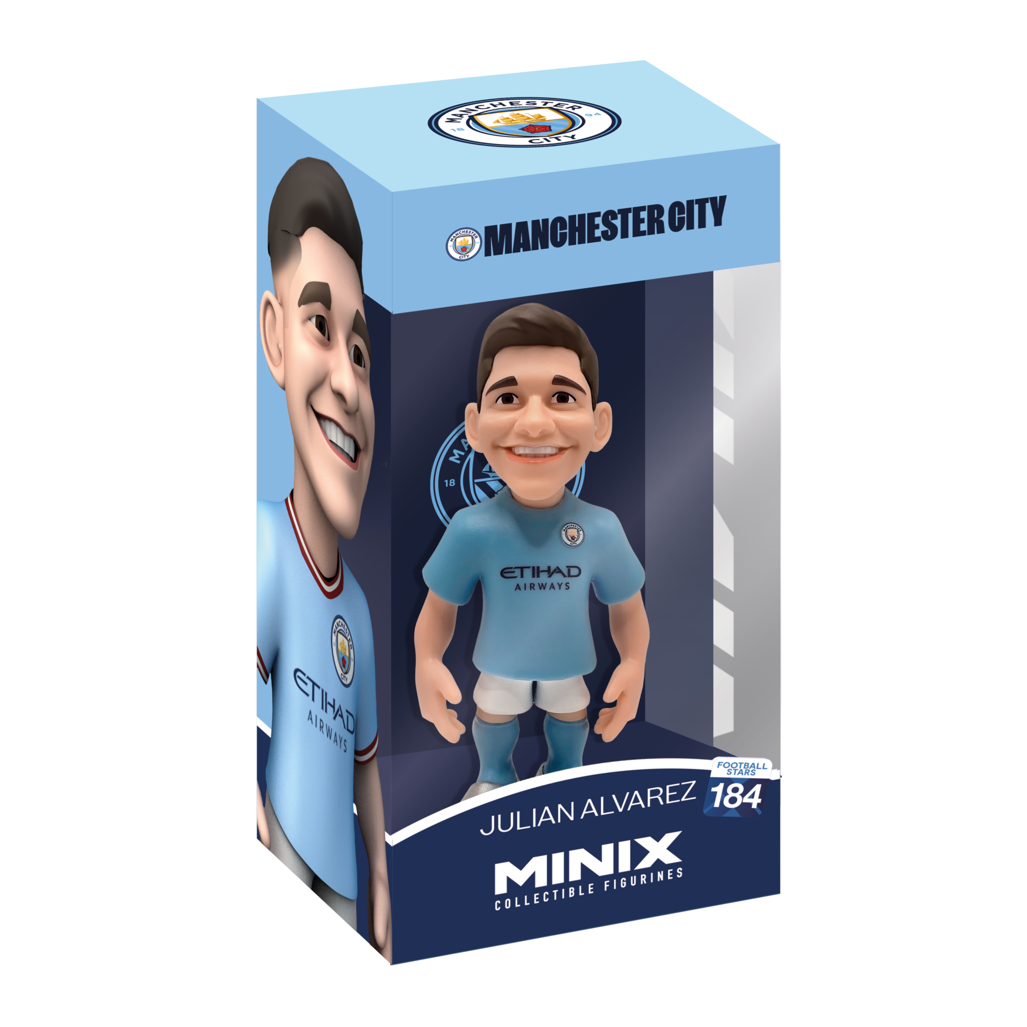 Minix Manchester City Football Stars collectible figurine of Julian Alvarez in official club kit, 12cm Premier League soccer figure for fans and collectors.
