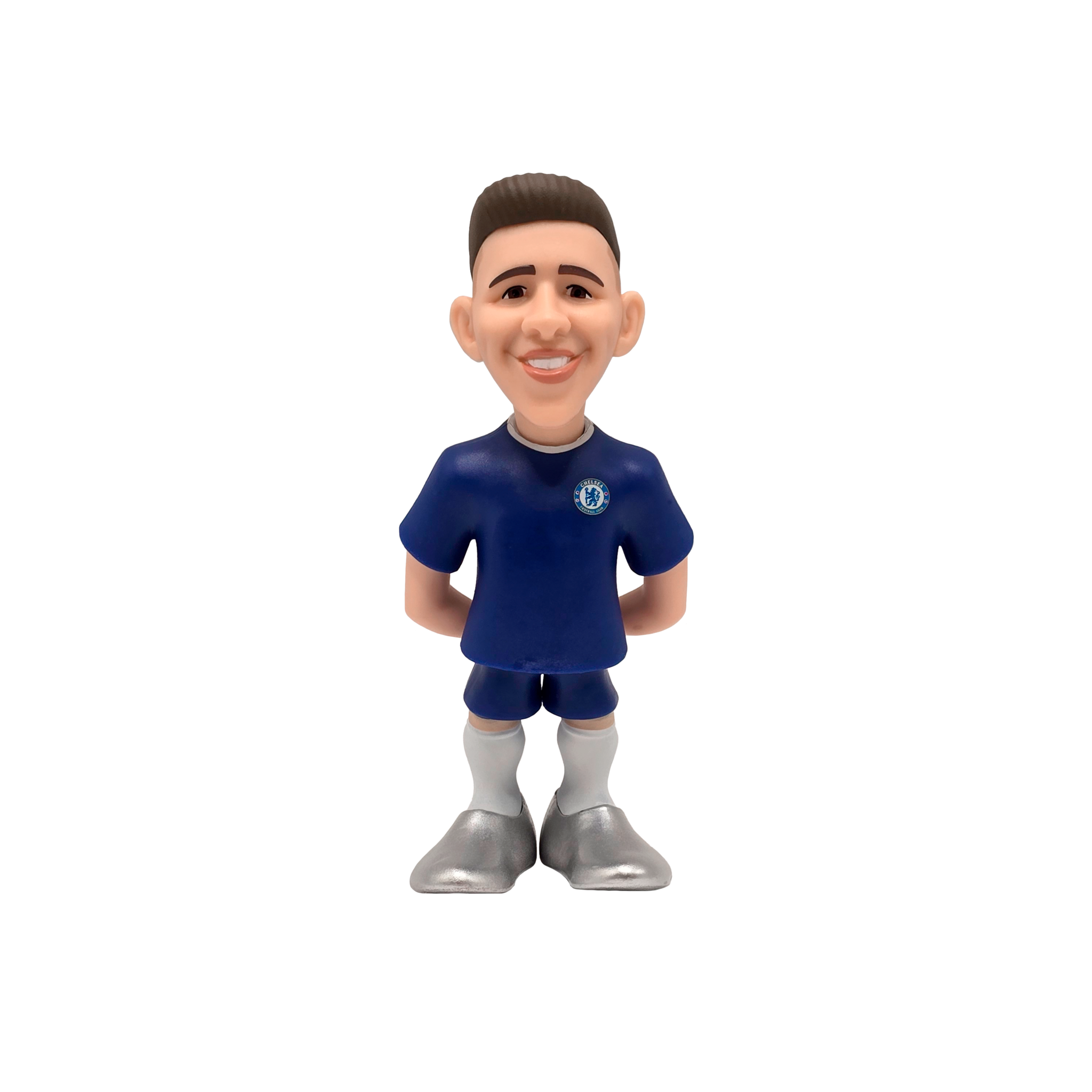 Minix Chelsea FC 12cm collectible football figure in blue kit with silver boots and smiling expression.