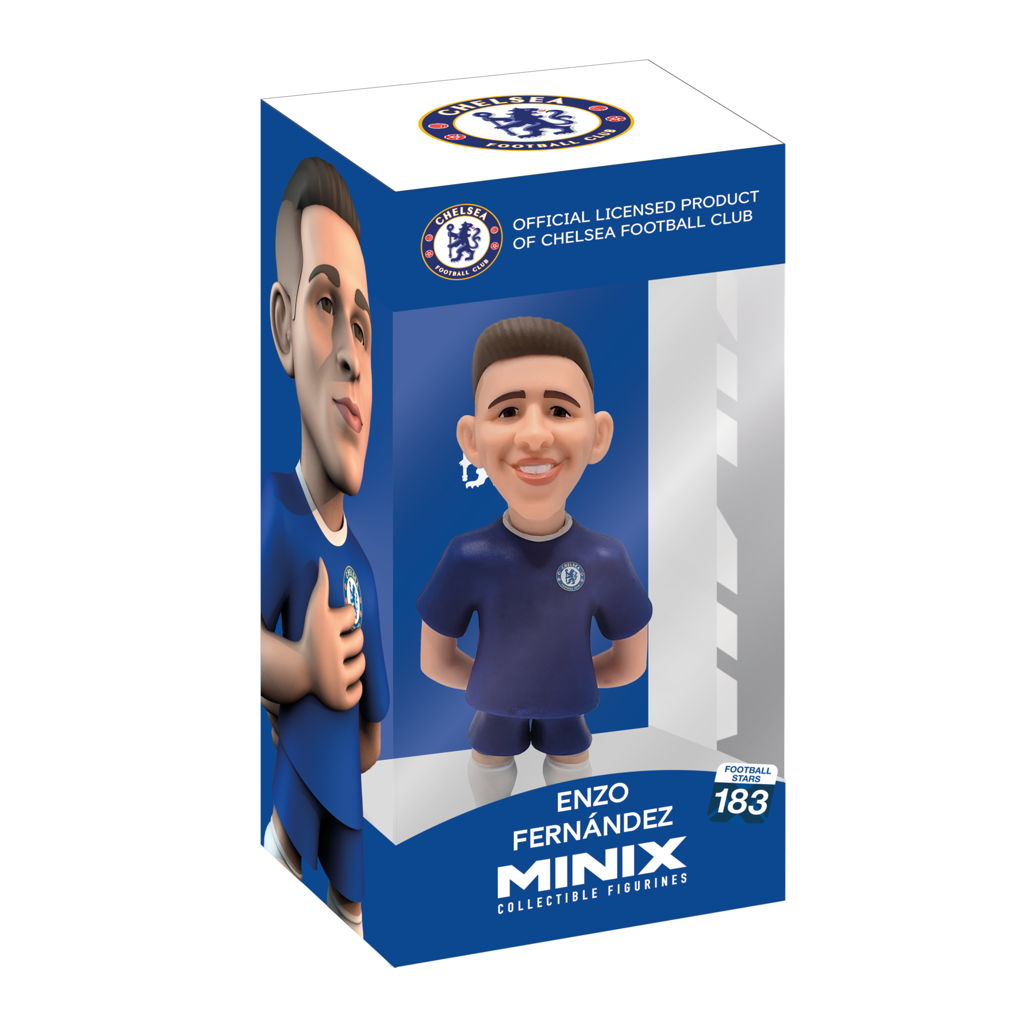 Minix Chelsea official 12cm collectible football figure of Enzo Fernández in blue kit packaging