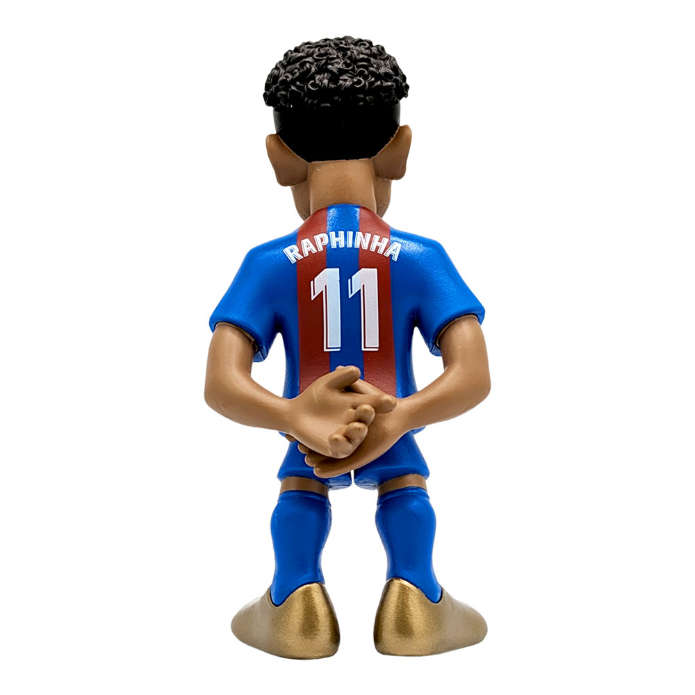 Minix Raphinha FC Barcelona figurine in a blue and red kit, viewed from behind with number 11 and gold shoes.