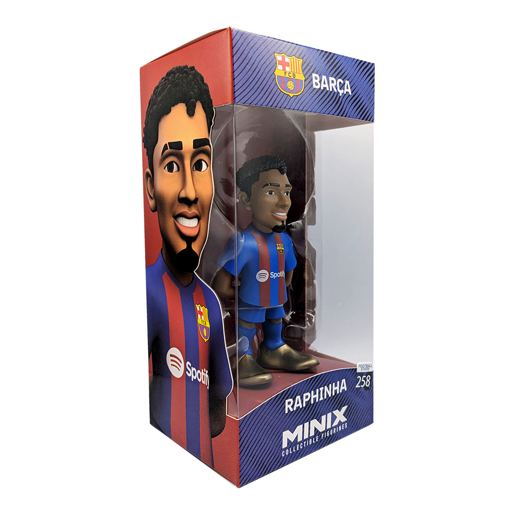 Minix Raphinha FC Barcelona collectible figurine in a blue and maroon striped kit, displayed in a window box