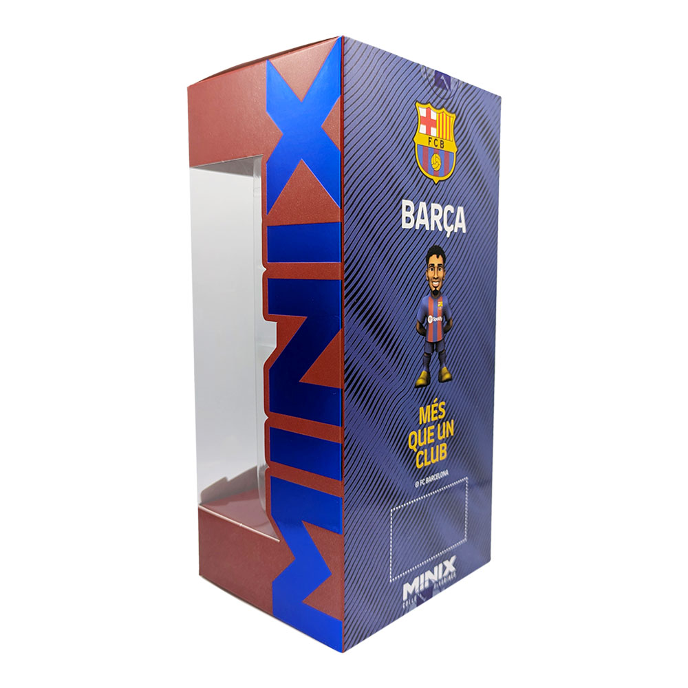 Minix Raphinha FC Barcelona collectible figurine in a blue and red striped display box, with a clear window and Barça crest.
