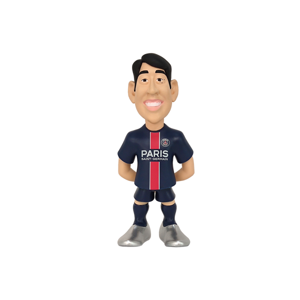 Minix PSG 12cm collectible football figurines featuring iconic Paris Saint-Germain players Kylian Mbappé and Dembélé in detailed designs