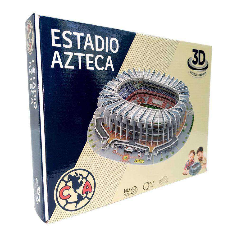 3D Azteca Soccer Stadium puzzle box, navy blue and cream with an illustrated stadium and Club América crest.