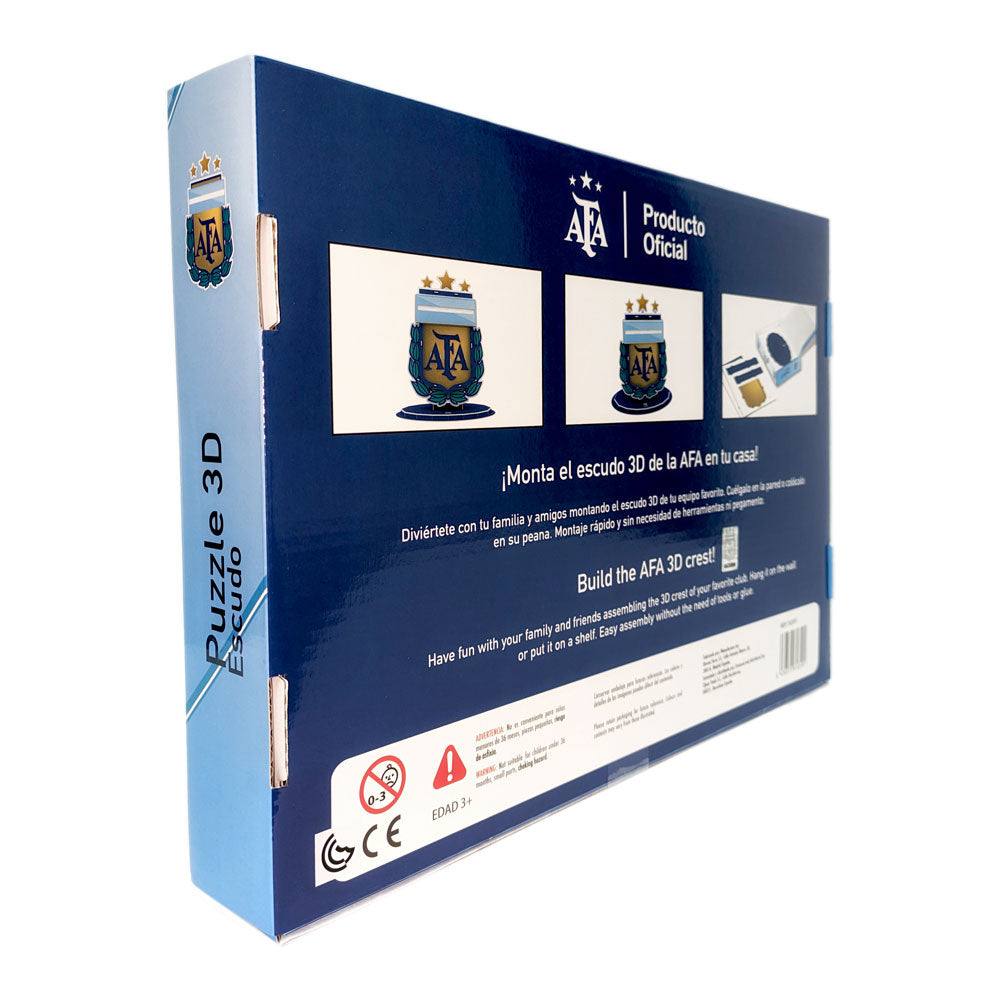 Official 3D Soccer Club Logo Puzzle box featuring the AFA logo with images and instructions for assembling the 3D crest puzzle.