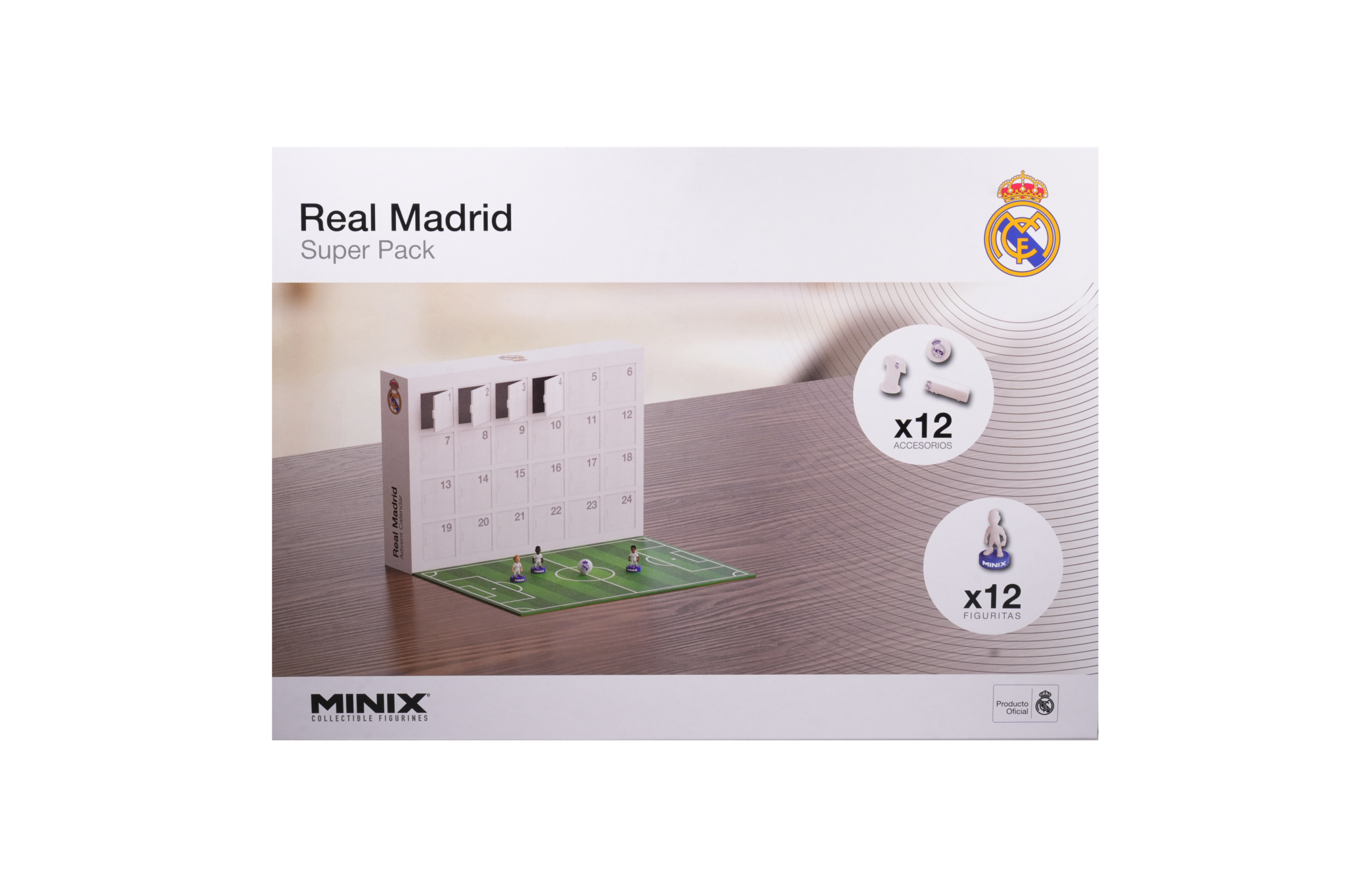 Real Madrid Official Advent Calendar tabletop soccer game with 24 days of mini player figures and accessories in authentic club design by Minix