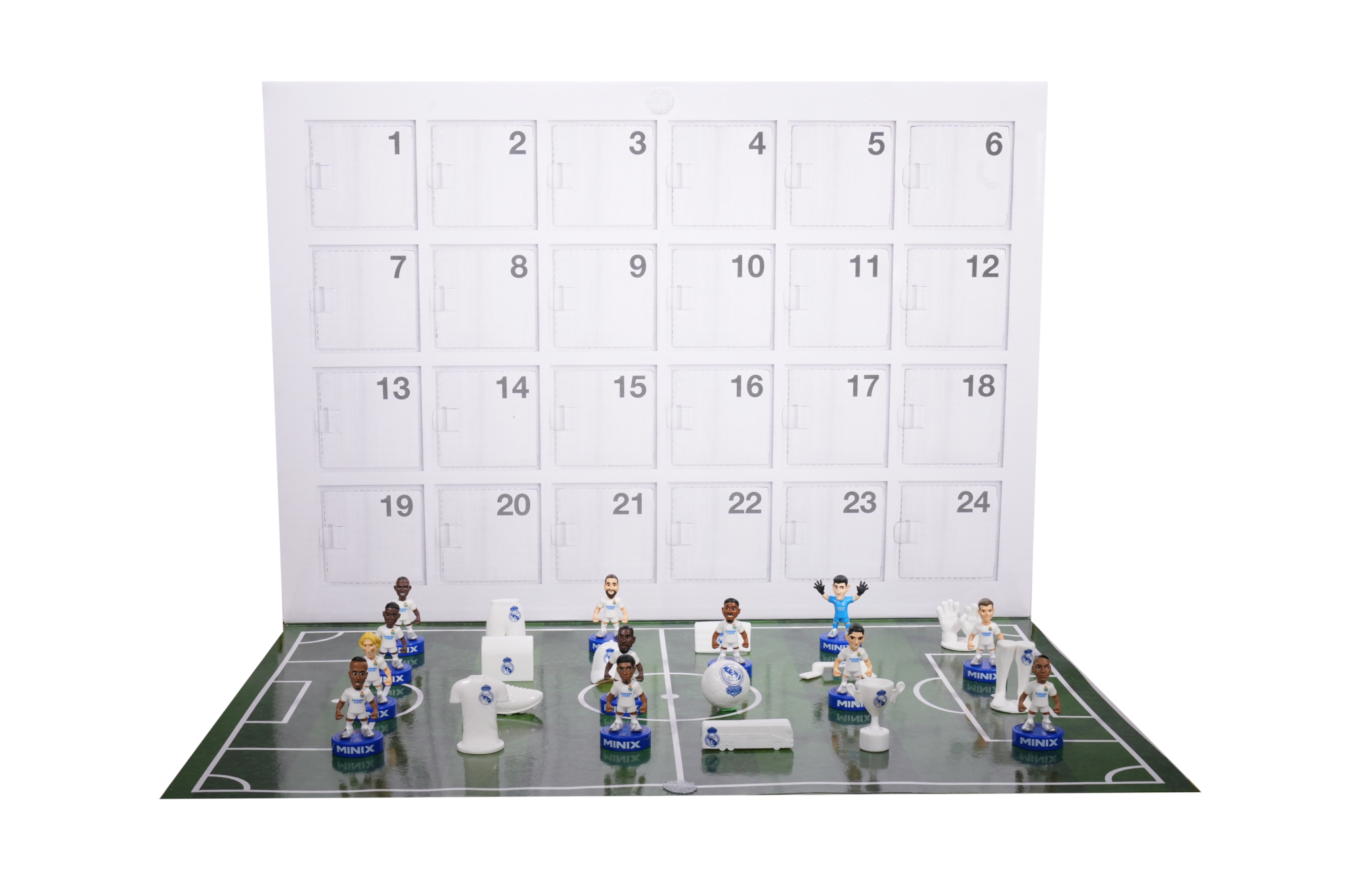 Minix Real Madrid Official Advent Calendar with 24 numbered doors and tabletop soccer game pieces on a pitch board.
