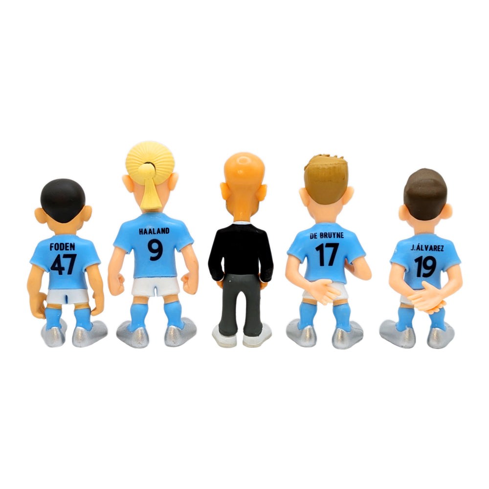 Minix Manchester City 5-Pack football figurines featuring Haaland, De Bruyne, Foden, Guardiola, and Álvarez in 7cm collectible set