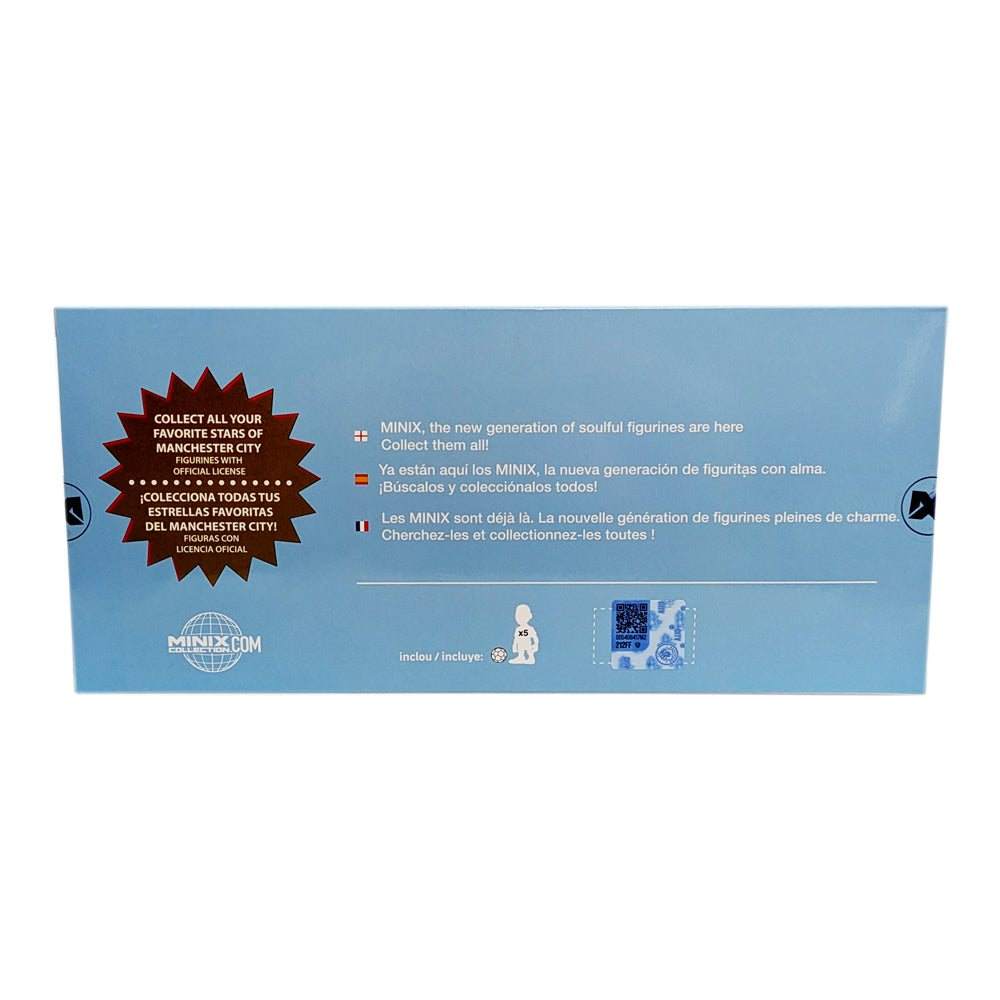 Minix Manchester City figurine set box with blue packaging, multilingual text and a starburst celebrating five figures.