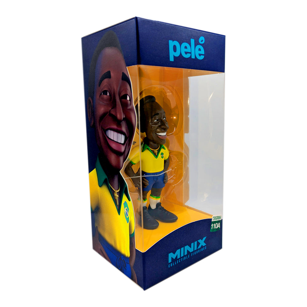 Minix Pelé Brazil Home Kit figurine in a yellow and green football uniform, displayed in a blue window box.