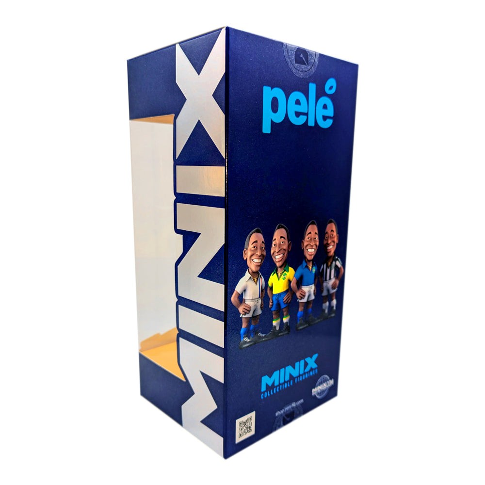 Minix Pelé Brazil Home Kit collectible figurine in a blue window box, with Pelé and MINIX branding on the packaging.