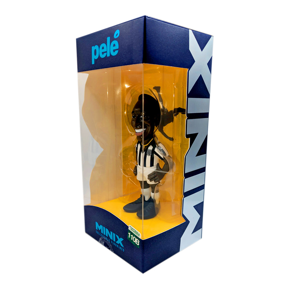 Minix Pelé Santos FC collectible figurine in a black-and-white striped kit, displayed in a blue and yellow window box.