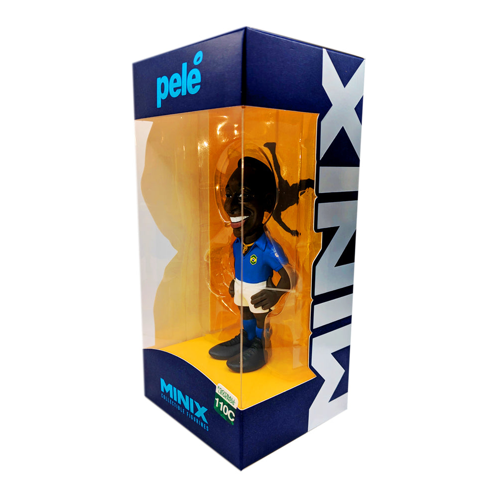 Minix Pelé Brazil football figurine in a blue kit, with curly hair and a navy-and-yellow display box.