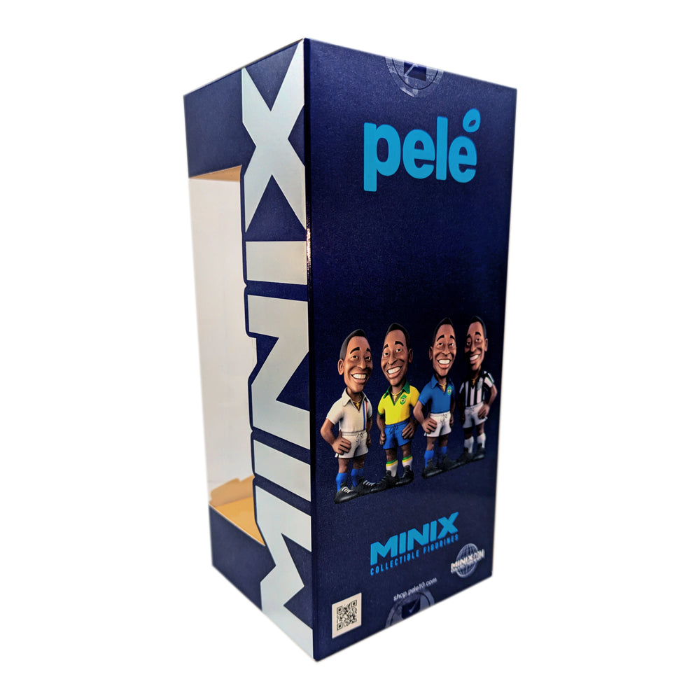 Minix Pelé Brazil football figurine in a navy display box, with blue Pelé lettering and colorful player artwork.