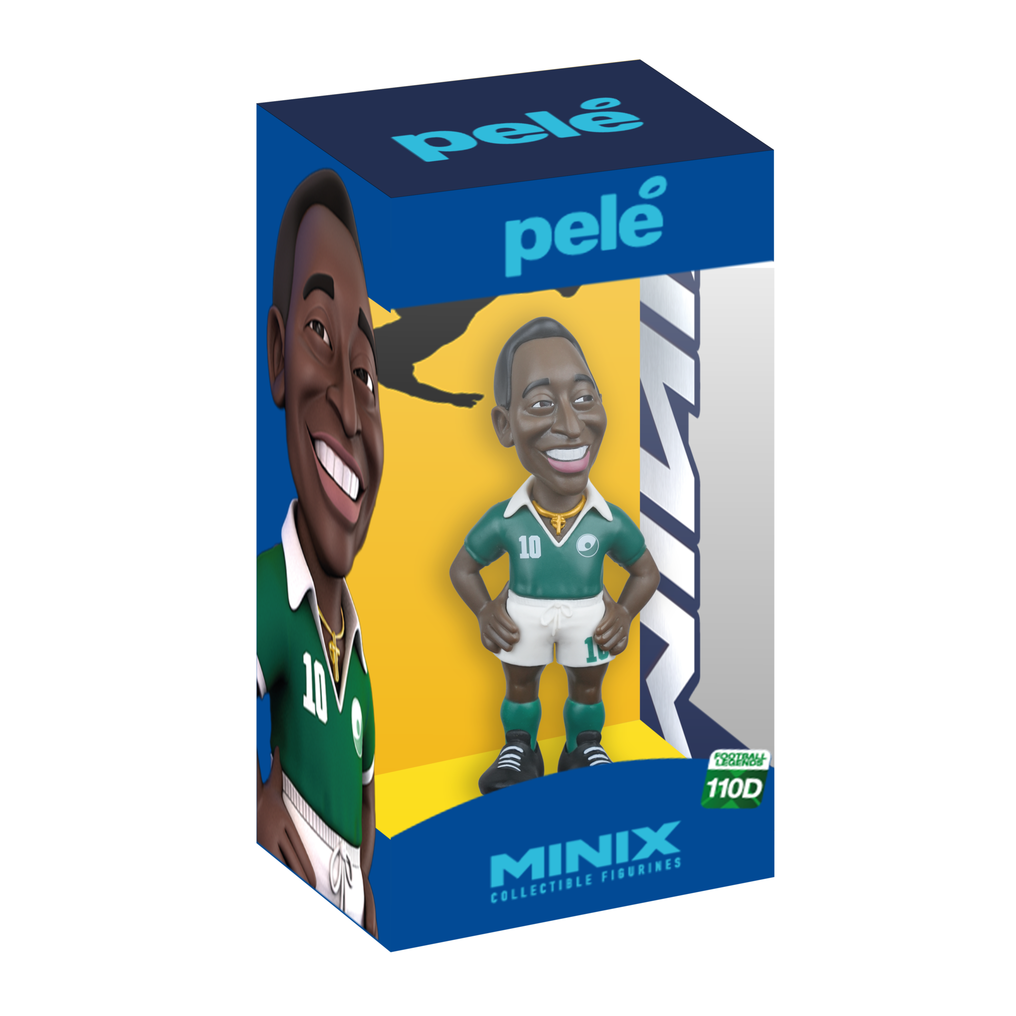 Minix Football Legends Pelé 12cm collectible figurine in green kit with display packaging.