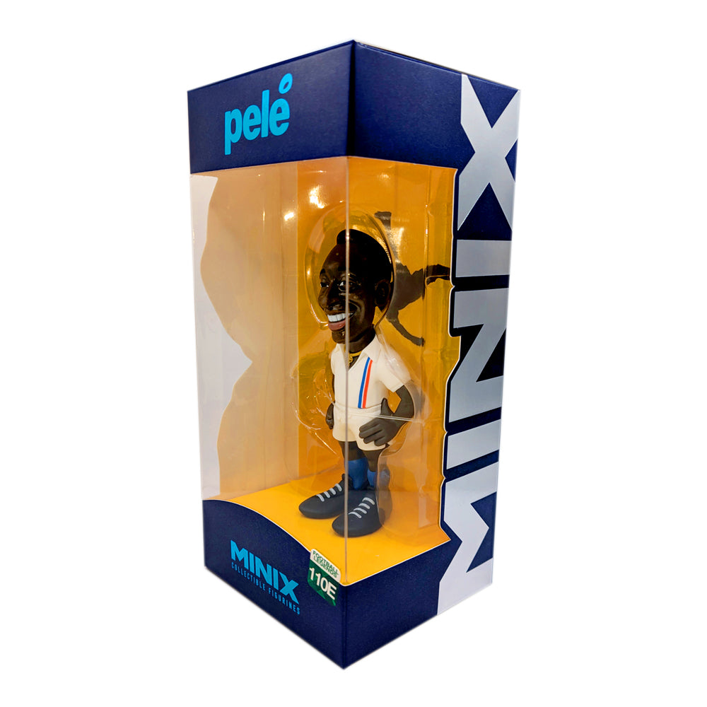 Minix Pelé Escape to Victory Edition figurine in a navy display box, featuring a white football kit and black boots.