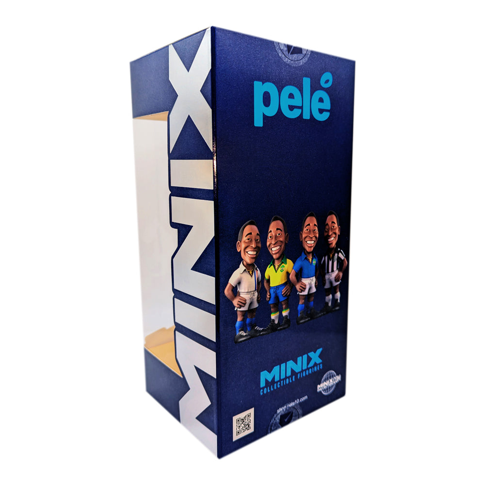 Minix Pelé Escape to Victory Edition collectible figurine in a navy blue box with turquoise lettering and character artwork.