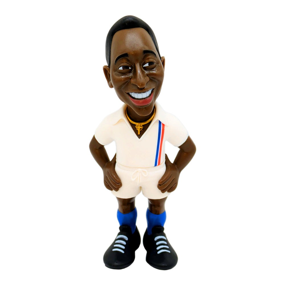Minix Football Legends Pelé collectible figurine in white and blue kit, 12cm tall soccer legend model for fans and collectors