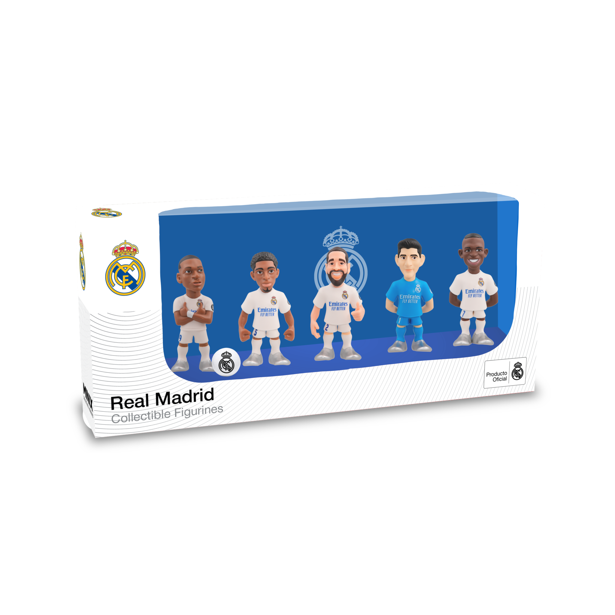 Minix Real Madrid 5-Pack V4 official 7cm football figurines of Courtois, Vinícius Jr, Bellingham, Carvajal, and Mbappé in club kits