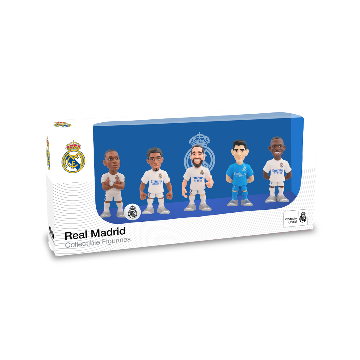 Minix Real Madrid figurine set in blue-and-white display box, with five stylized players in white and teal kits.