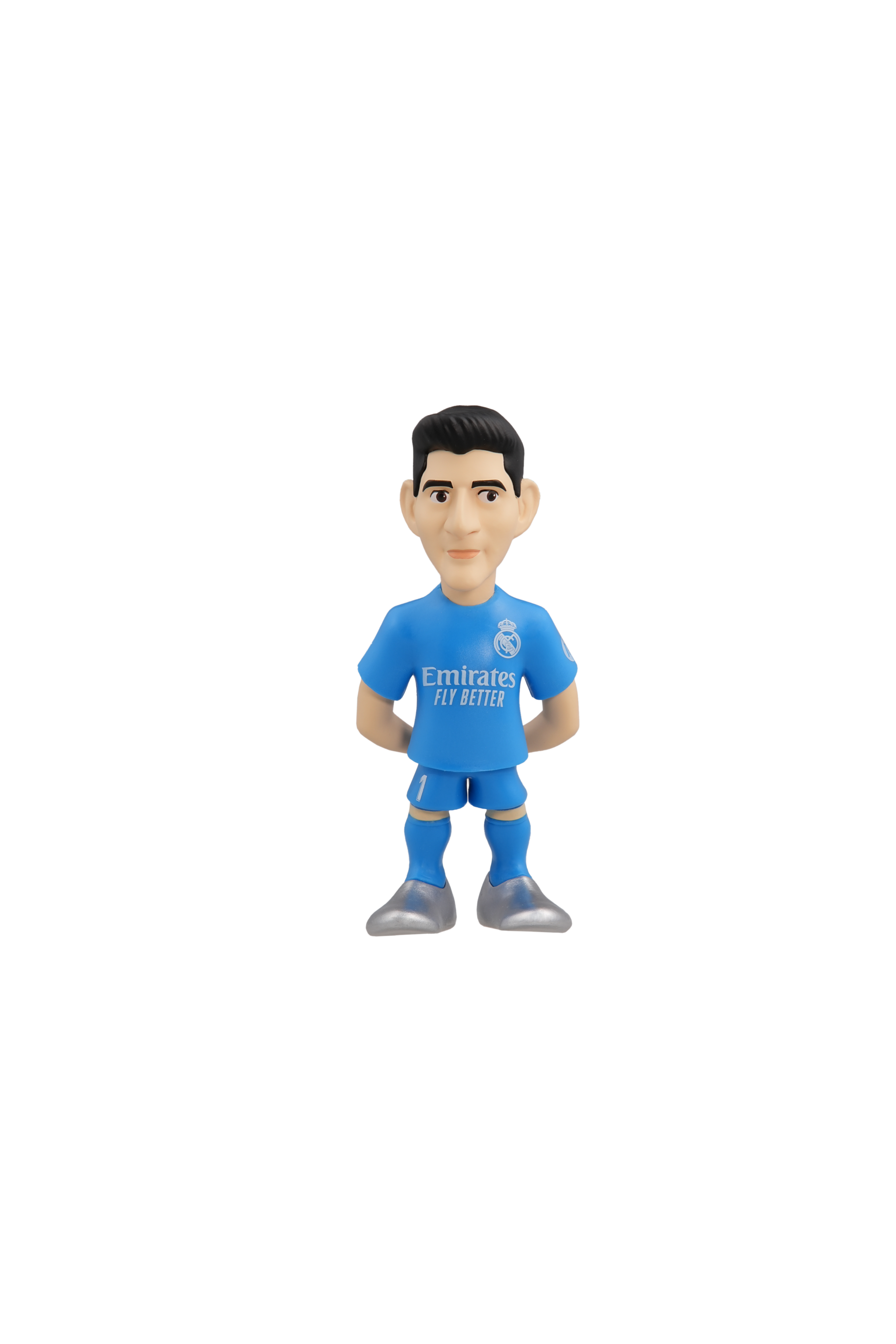 Real Madrid FC Minix 5-Pack V4 official 7cm football figurines including Courtois, Vinícius Jr, Bellingham, Carvajal, and Mbappé in full club kits.