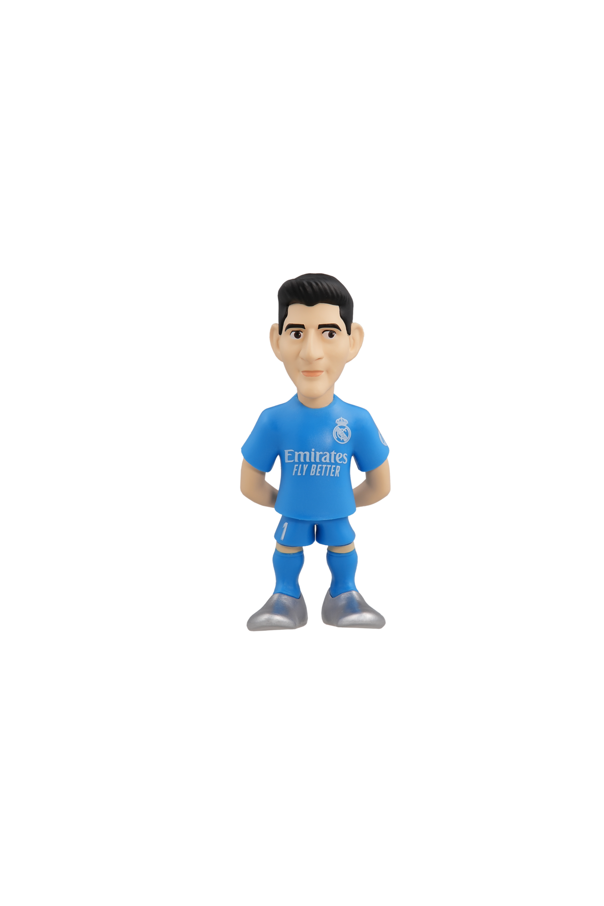 Minix football figurine with short dark hair, wearing a blue Real Madrid kit and matching socks, with grey boots