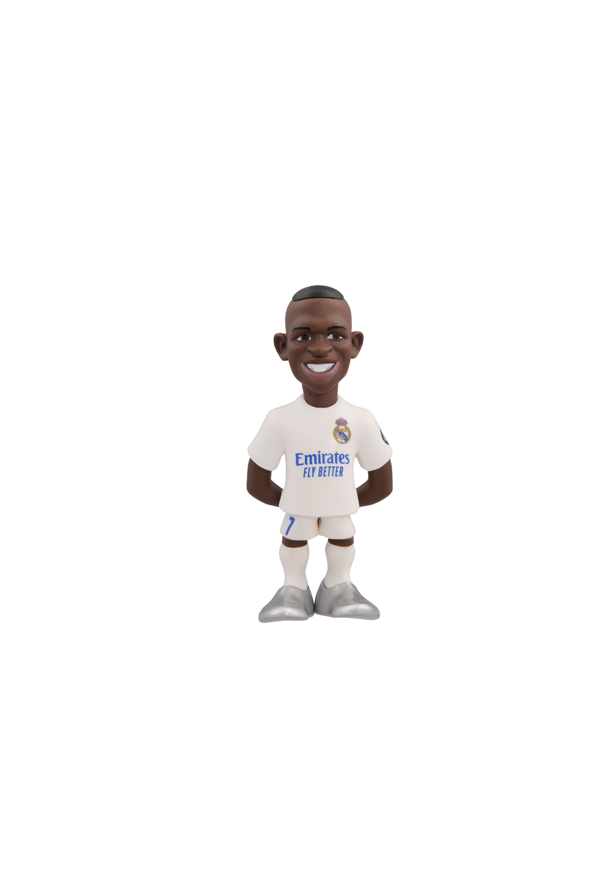 Minix Real Madrid 5-Pack V4 official 7cm football figurines featuring Courtois, Vinícius Jr, Bellingham, Carvajal, and Mbappé in club kits