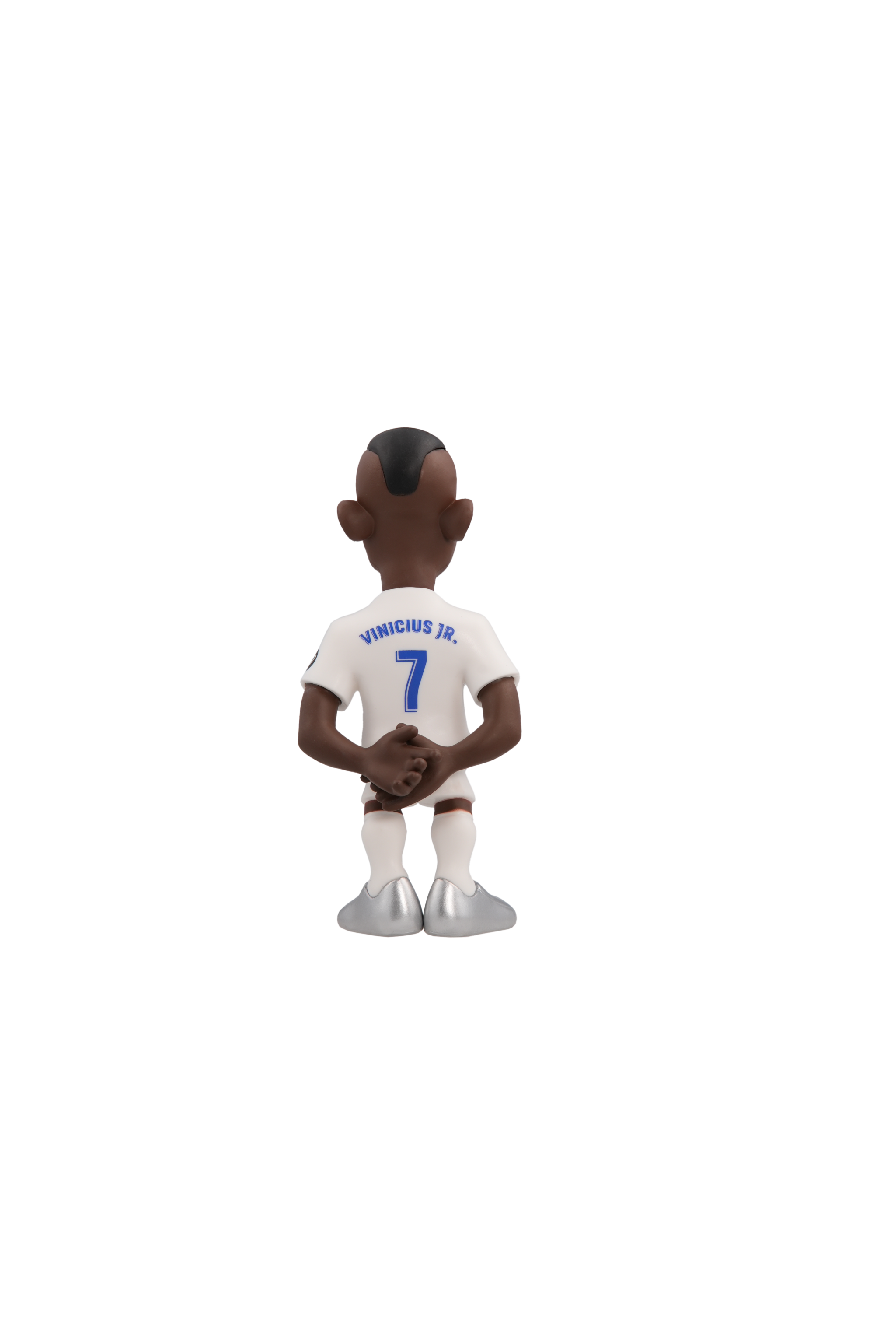 Minix Real Madrid collectible figurine of football player Vinicius Jr. in white kit with number 7, 12cm tall.
