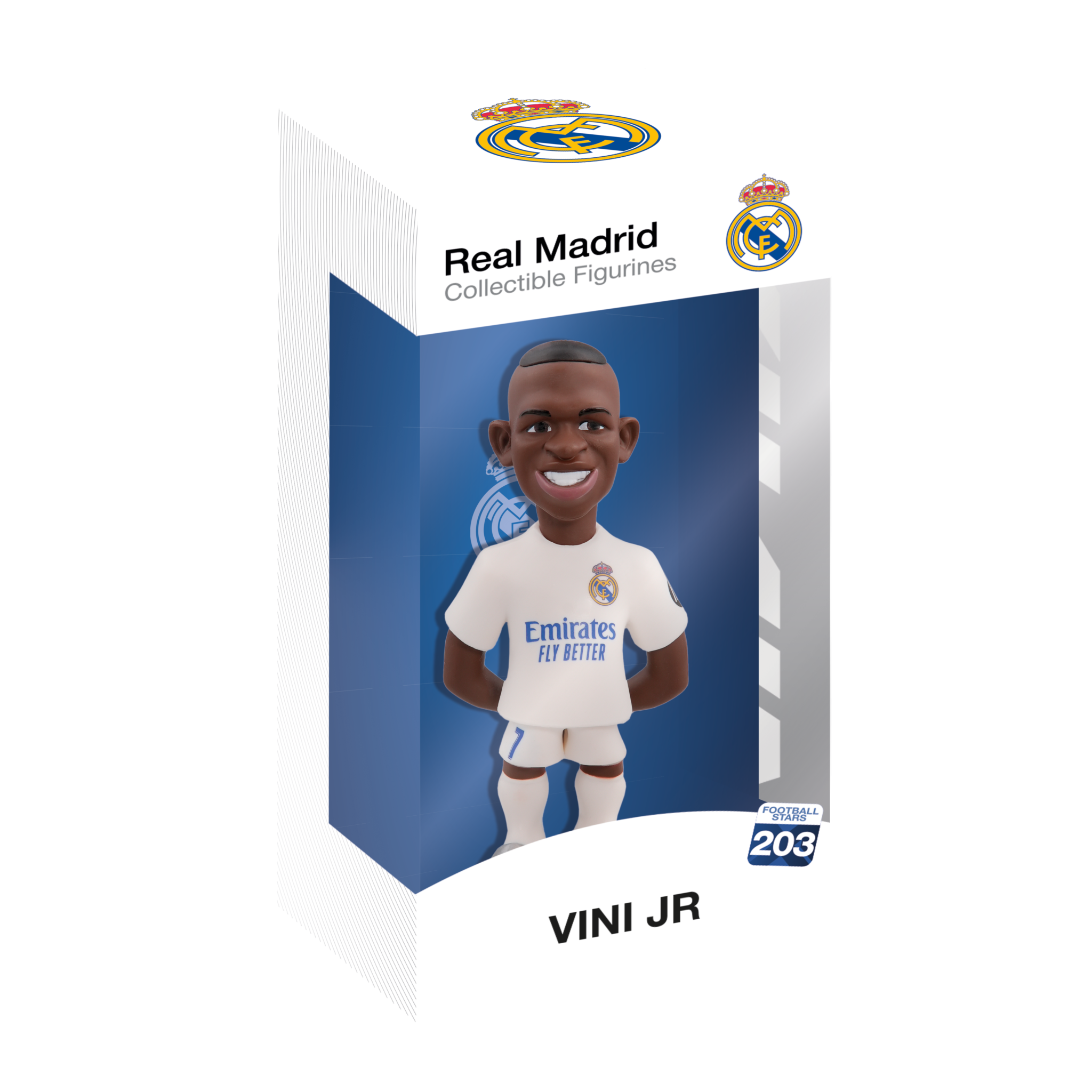 Minix Real Madrid 12cm collectible figurine of Vini Jr in official club kit with detailed features and packaging