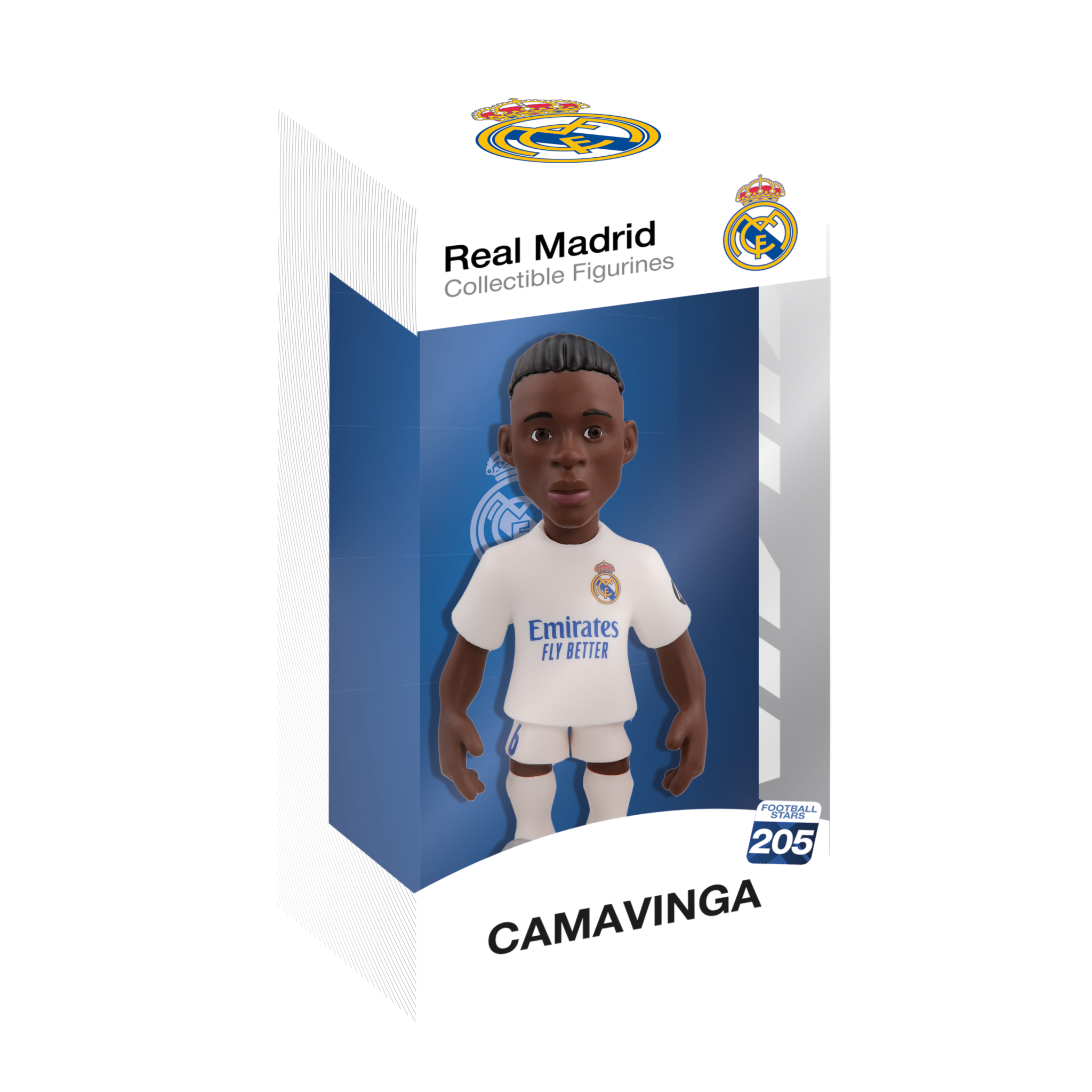 Minix Real Madrid collectible figurine of Camavinga in official club kit, 12cm tall, boxed display.