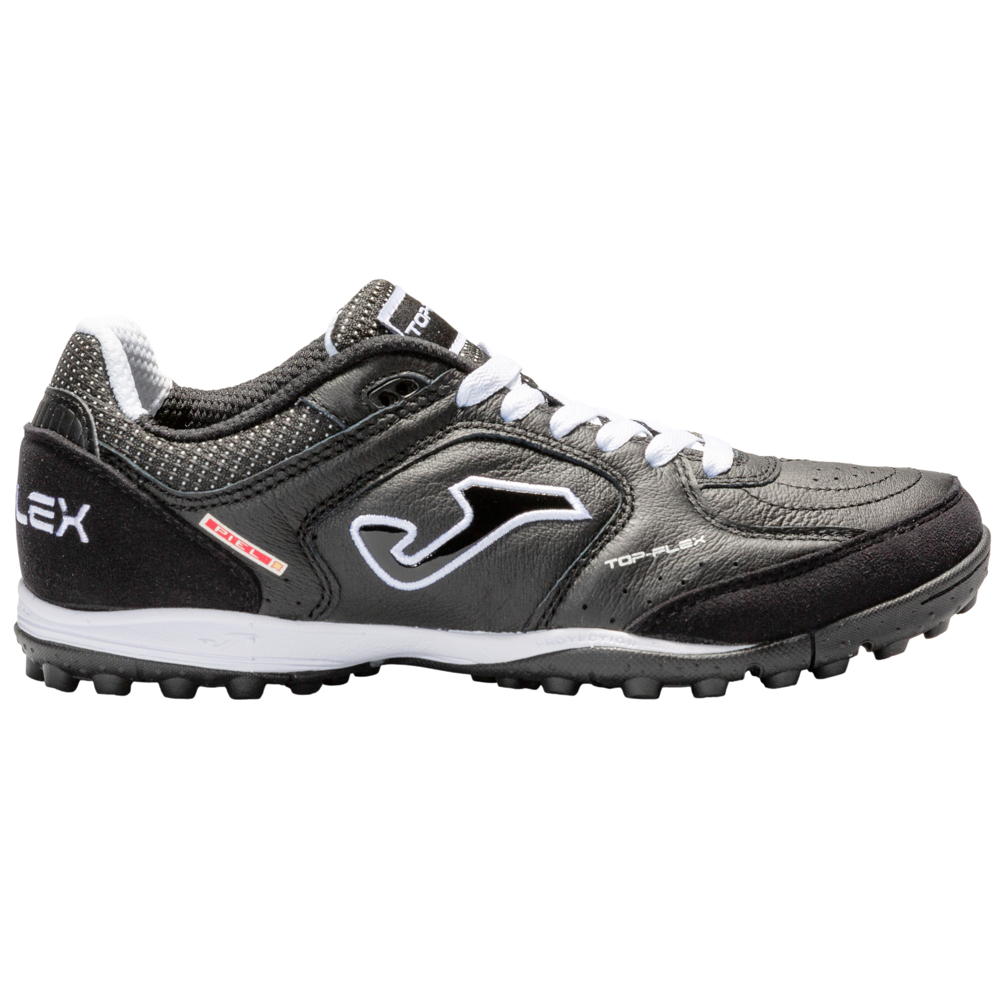 Joma Top Flex turf soccer shoe in black with white logo and laces, designed for flexibility and durability on turf surfaces