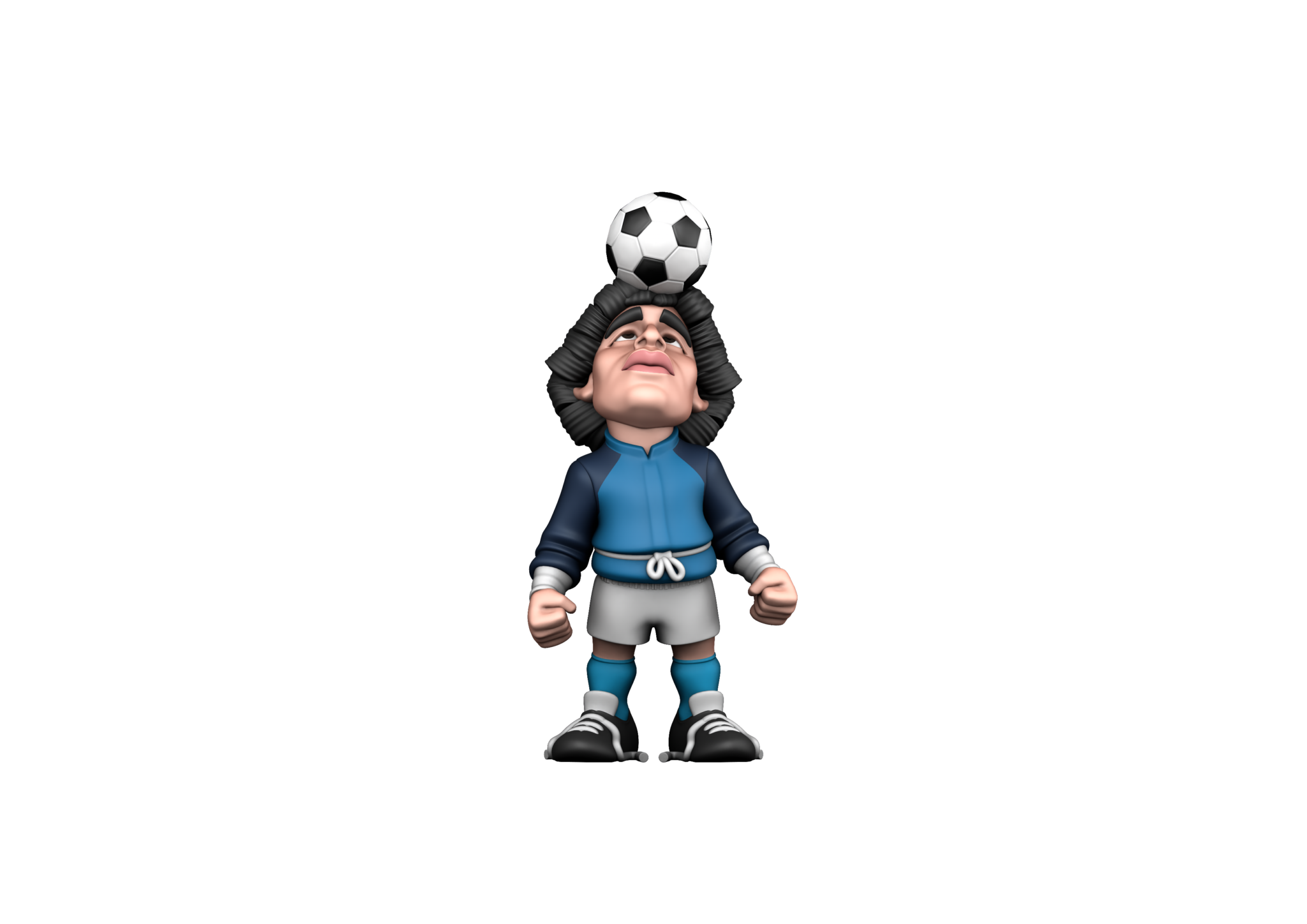 Minix Maradona collectible figurine in blue Napoli kit balancing soccer ball on head, 12cm tall.