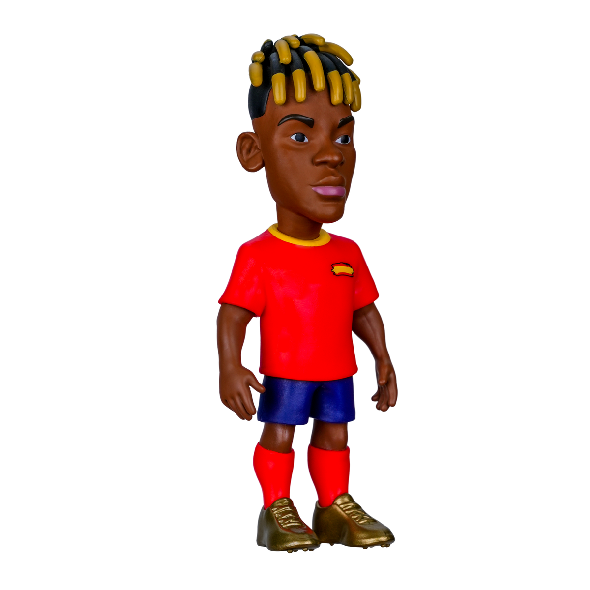 Football player figurine in a red Spain shirt, blue shorts and red socks, with gold-tipped braids; Minix Nico Williams collectible.