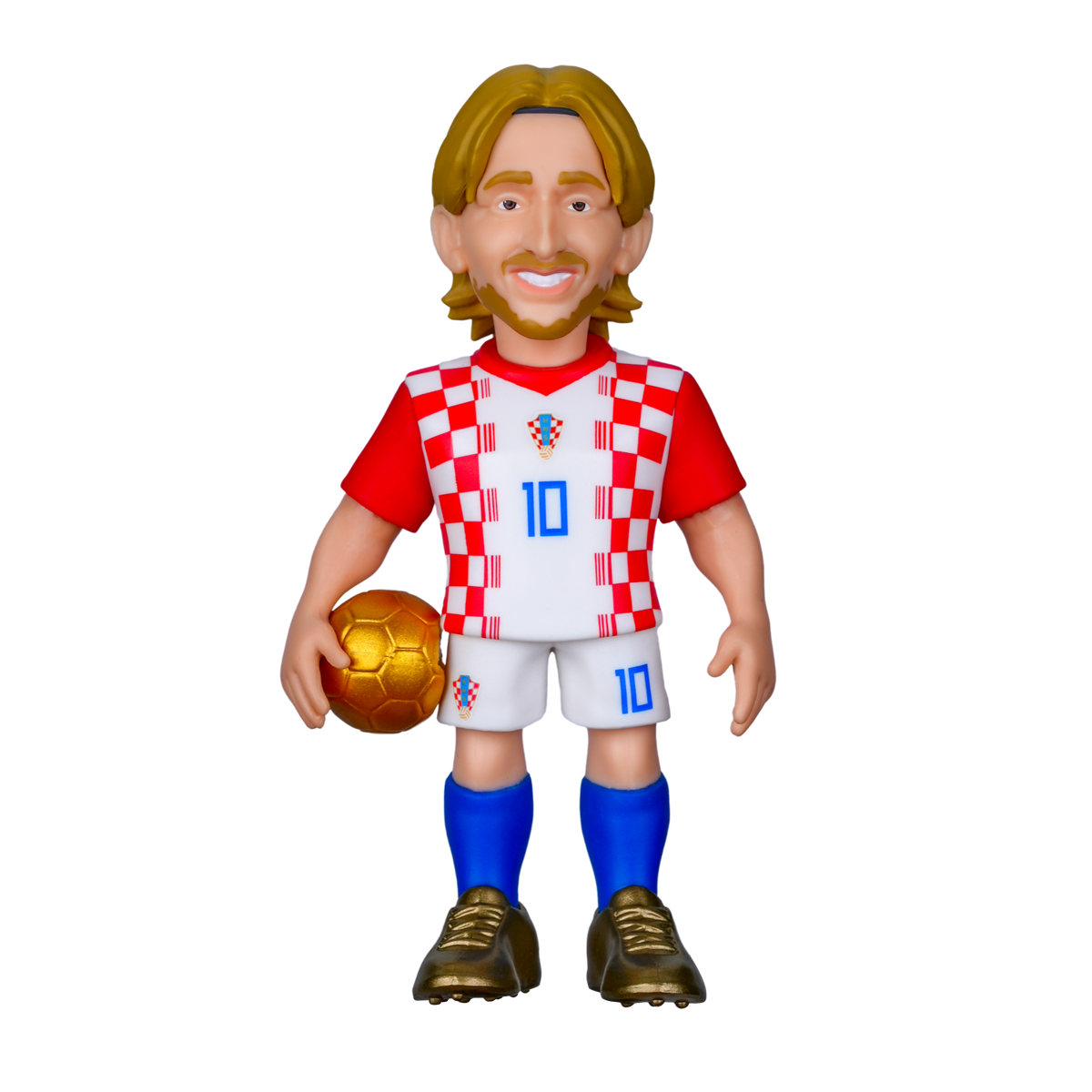 Minix Luka Modrić Croatia football figurine in a white and red checkered kit, holding a gold ball with blue socks and boots.