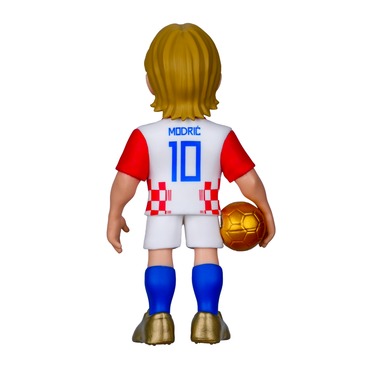 Minix Luka Modrić football figurine in a white and red Croatia kit, with blue socks, golden hair and ball, viewed from behind.