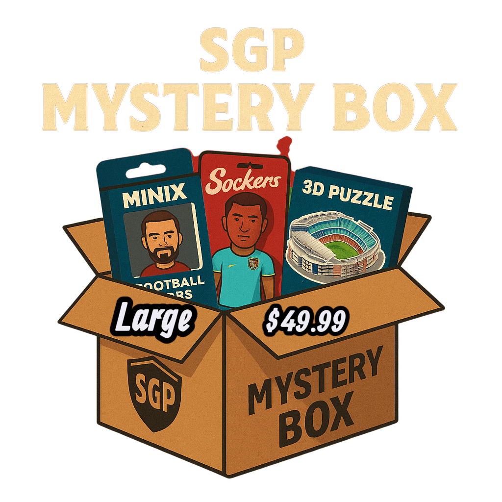 SGP Mystery Box large collectible surprise pack with licensed minix football stars figurine, sockers action figure, and 3D stadium puzzle for $49.99