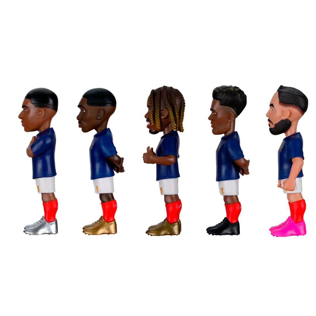 Minix France National Team soccer figurines 5-pack featuring Mbappé, Dembélé, Barcola, Doue, and Cherki in official kits