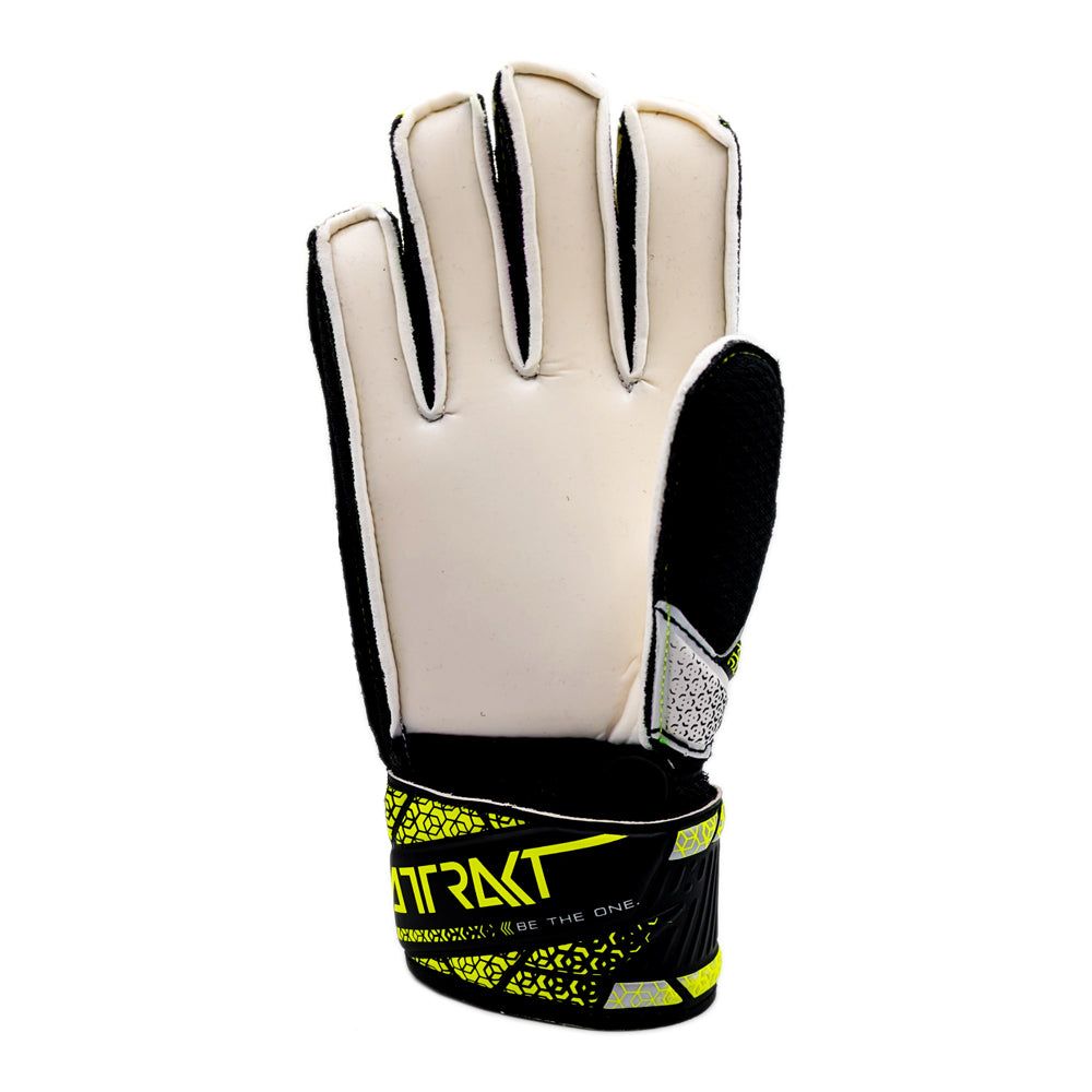 Reusch Attrakt Solid Junior Goalkeeper Gloves with durable synthetic latex palm, flexible open cuff, full strap closure, breathable backhand, and thumbflex design for junior goalkeepers.