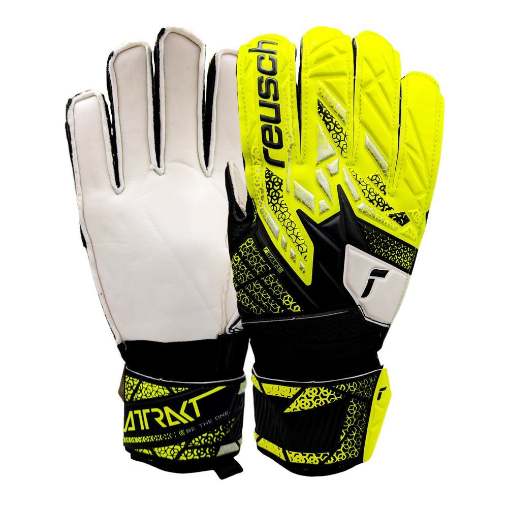 Reusch Attrakt Solid adult goalkeeper gloves in yellow and black with latex-free solid palm foam and full strap closure for durable artificial grass play