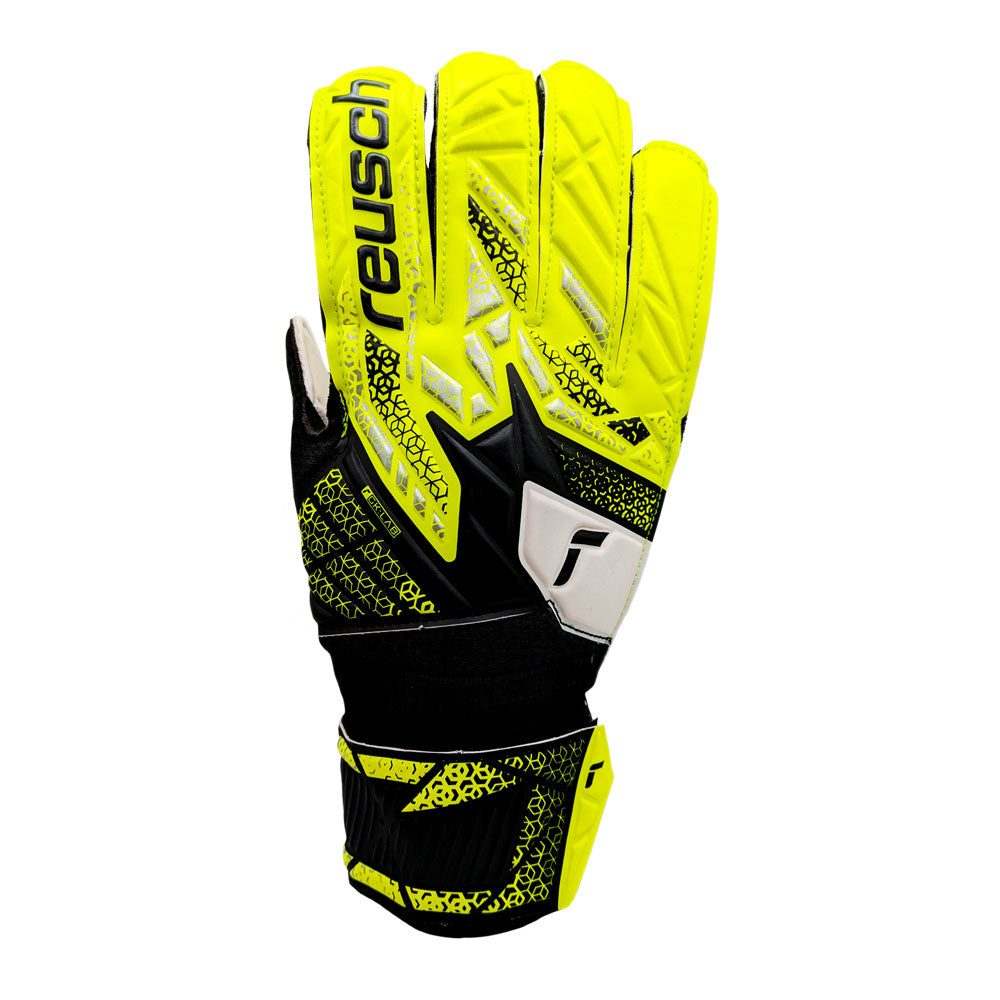 Reusch Attrakt Solid adult goalkeeper glove in yellow and black with Expansive Cut and full wrist strap for enhanced grip and flexibility.