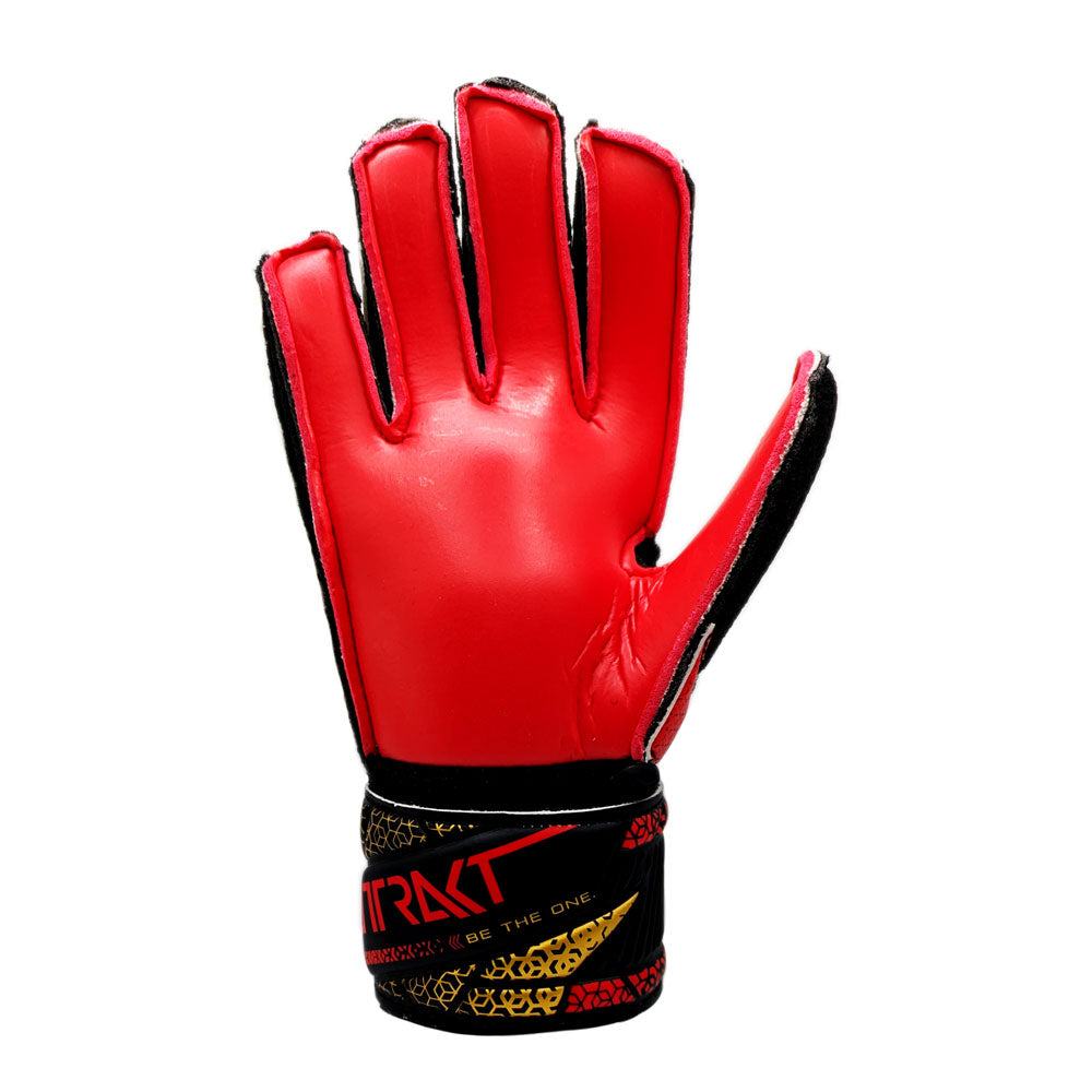 Reusch Attrakt Solid Junior Goalkeeper Gloves in red with black wrist strap for durable artificial grass play