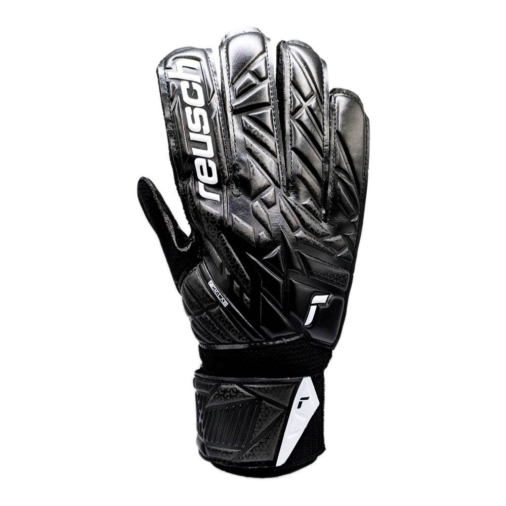 Black Reusch-Attrakt Solid Junior Goalkeeper Glove with Expansive palm cut and adjustable wrist strap