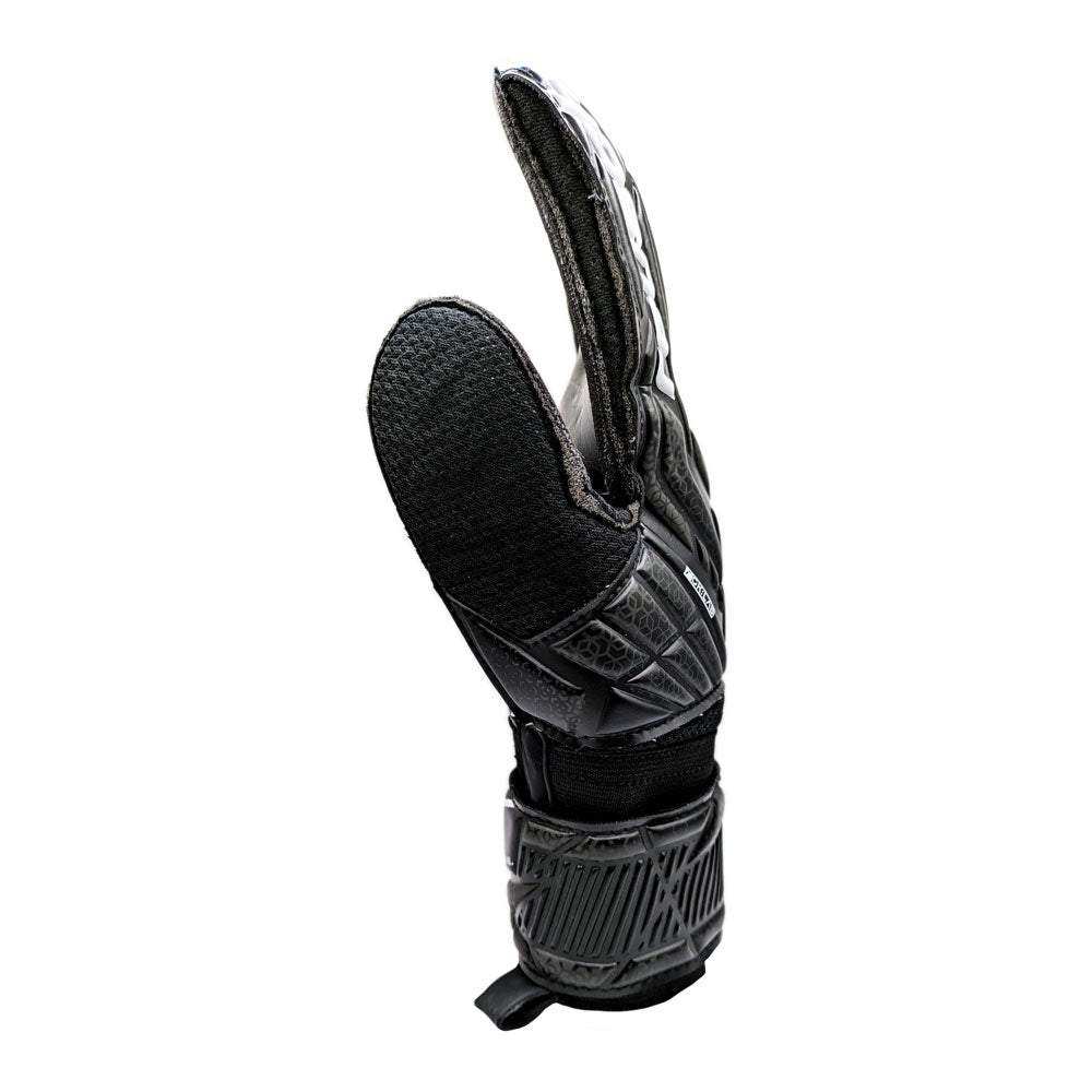 Black Reusch Attrakt Solid adult goalkeeper glove with expanded palm, open cuff, and full strap closure for enhanced support and flexibility.